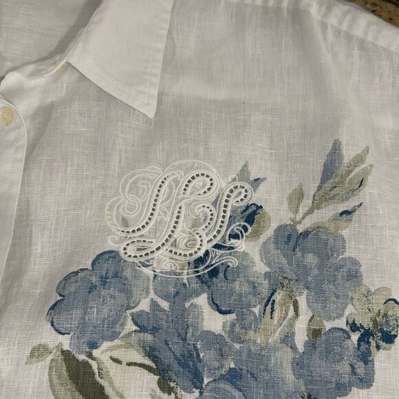 Lauren Ralph Lauren Oversize Floral Eyelet Logo Linen Shirt Size L - Picture 6 of 11
